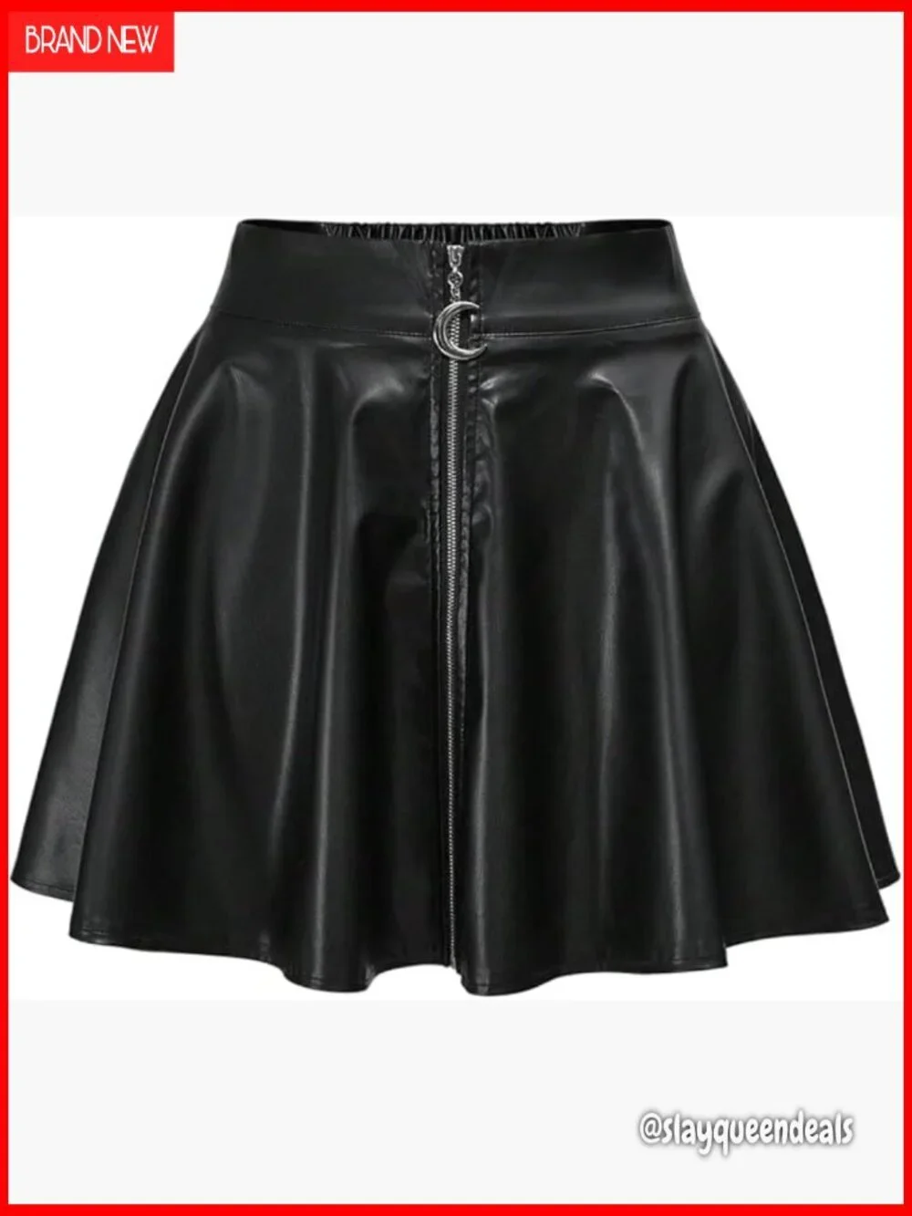 Leather Mini Skirt with Zipper Ruffle Low Rise A-Line Flared Pleated